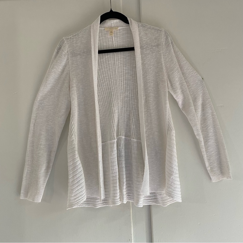 Eileen Fisher Organic Linen Cotton Cream Ribbed Open Cardigan Back Detail S
